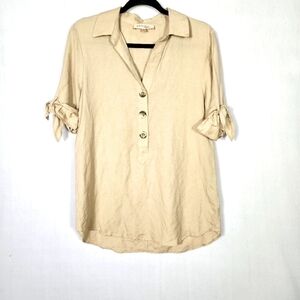Philosophy Beige Linen-Blend Half-Button Tunic Top Tie-Sleeve Size S